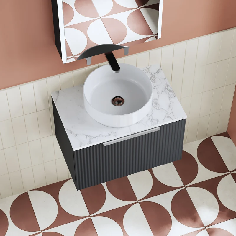 Deco 600mm Wall Hung 1 Drawer Vanity Unit & Carrera Marble Laminate Worktop - Soft Black Satin