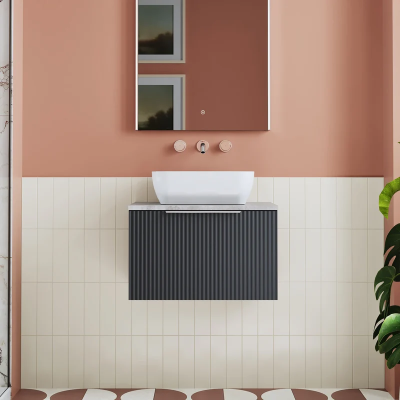 Deco 600mm Wall Hung 1 Drawer Vanity Unit & Bellato Grey Laminate Worktop - Soft Black Satin