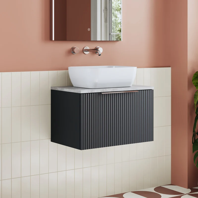 Deco 600mm Wall Hung 1 Drawer Vanity Unit & Bellato Grey Laminate Worktop - Soft Black Satin