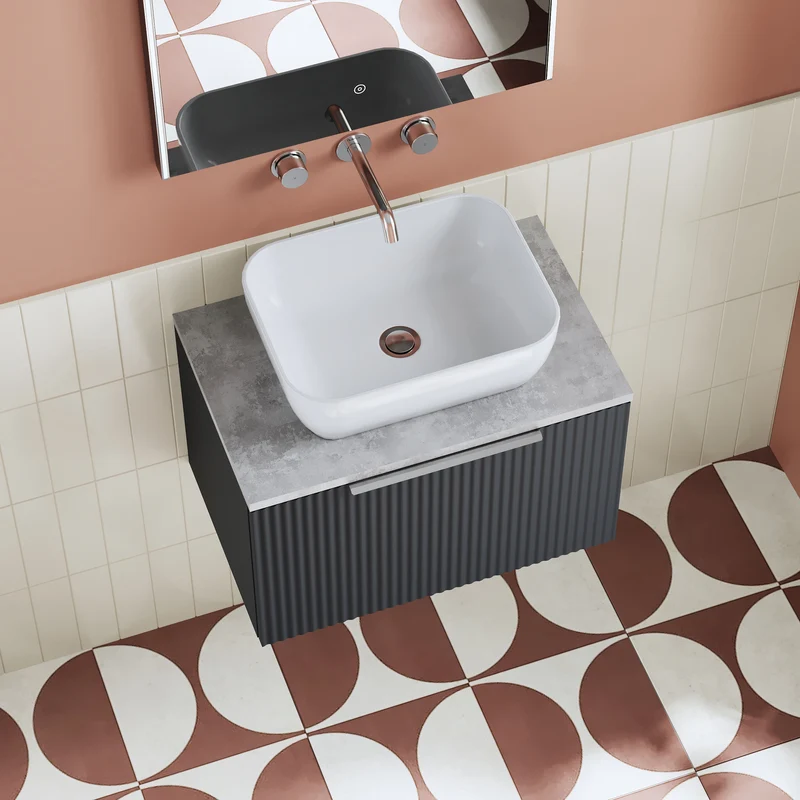 Deco 600mm Wall Hung 1 Drawer Vanity Unit & Bellato Grey Laminate Worktop - Soft Black Satin