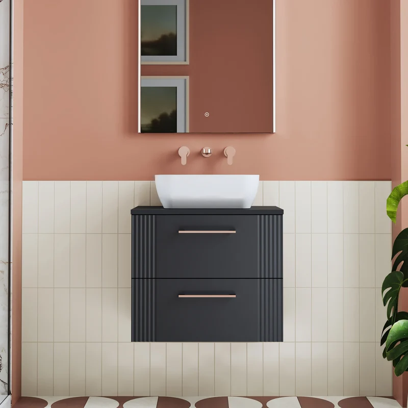 Deco 600mm Wall Hung 2 Drawer Vanity Unit & Worktop - Soft Black Satin