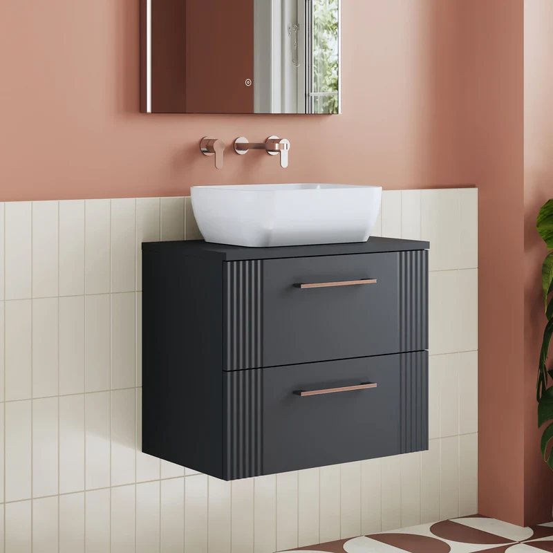 Deco 600mm Wall Hung 2 Drawer Vanity Unit & Worktop - Soft Black Satin