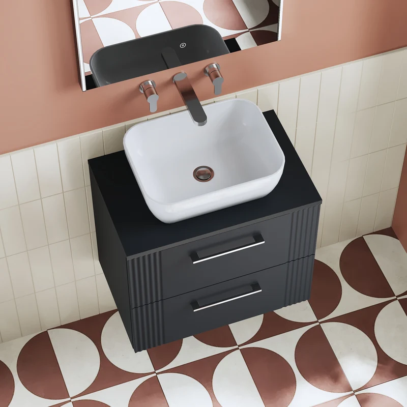 Deco 600mm Wall Hung 2 Drawer Vanity Unit & Worktop - Soft Black Satin