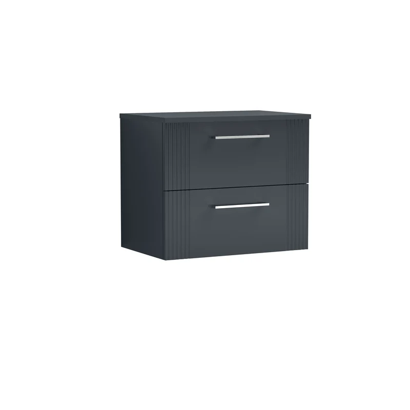 Deco 600mm Wall Hung 2 Drawer Vanity Unit & Worktop - Soft Black Satin