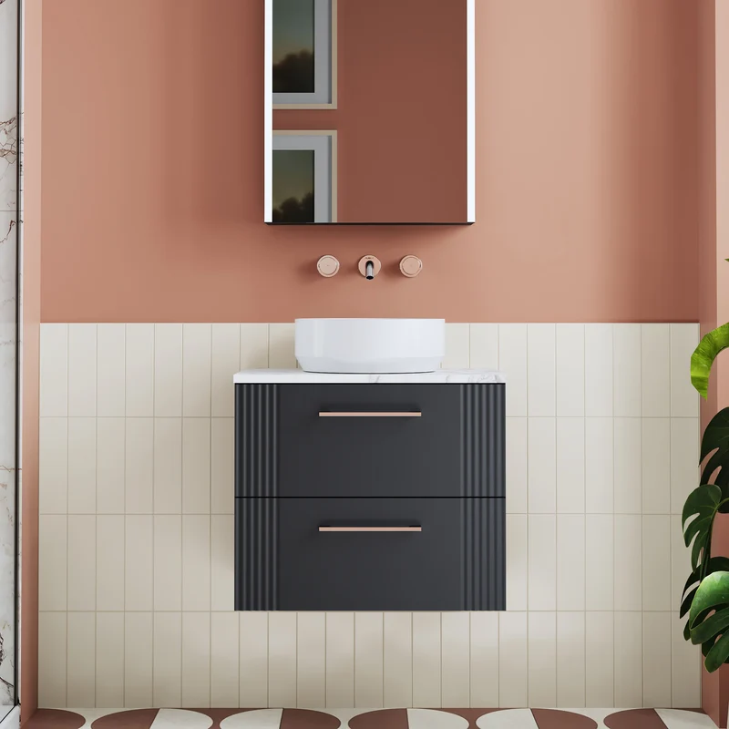 Deco 600mm Wall Hung 2 Drawer Vanity Unit & Carrera Marble Laminate Worktop - Soft Black Satin