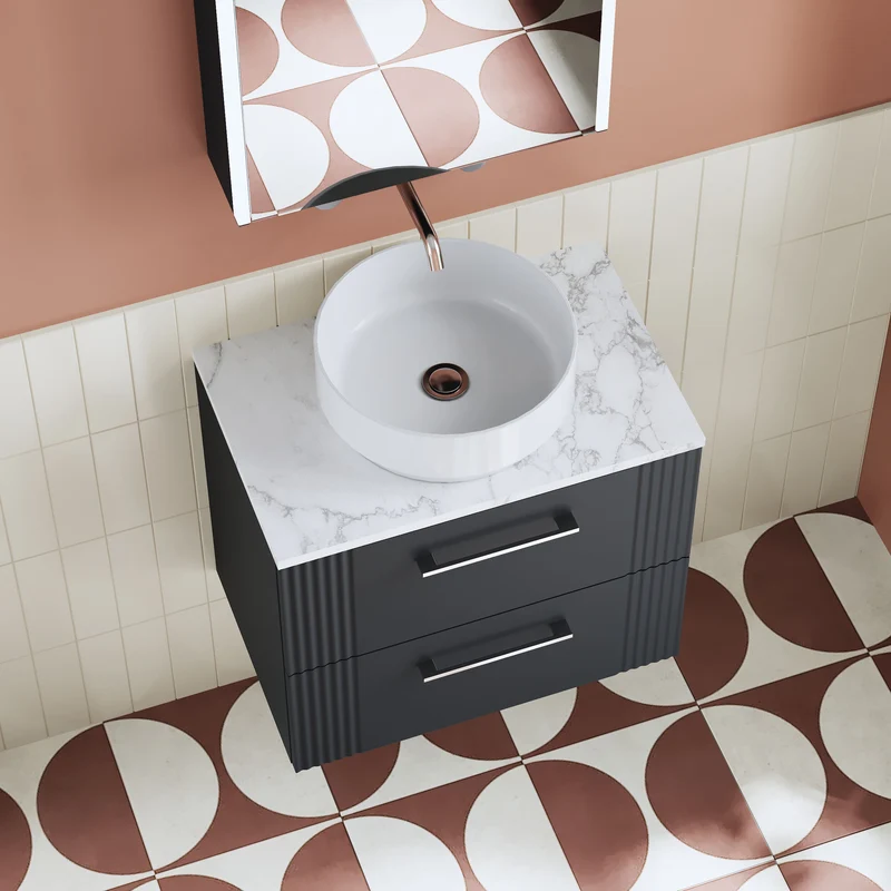 Deco 600mm Wall Hung 2 Drawer Vanity Unit & Carrera Marble Laminate Worktop - Soft Black Satin
