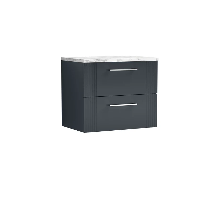 Deco 600mm Wall Hung 2 Drawer Vanity Unit & Carrera Marble Laminate Worktop - Soft Black Satin