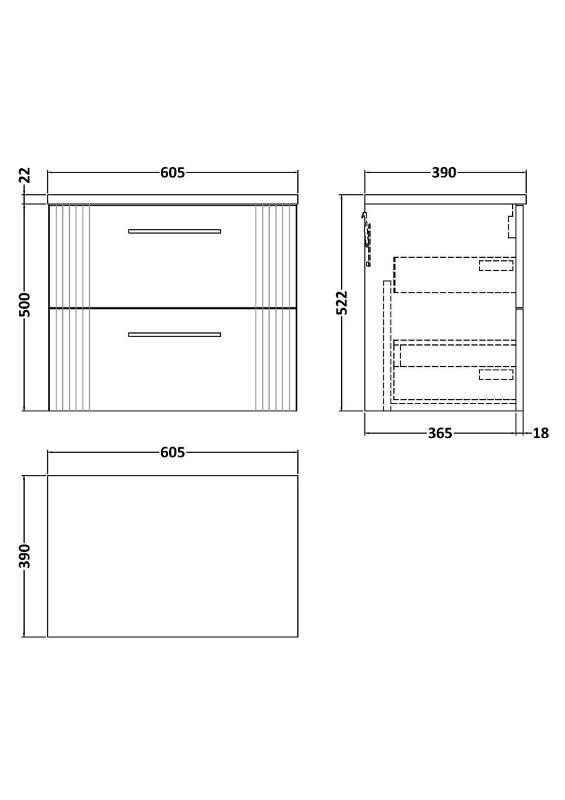 Deco 600mm Wall Hung 2 Drawer Vanity Unit & Carrera Marble Laminate Worktop - Soft Black Satin