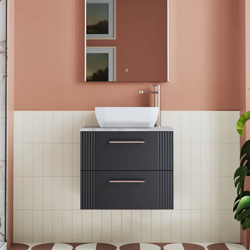 Deco 600mm Wall Hung 2 Drawer Vanity Unit & Bellato Grey Laminate Worktop - Soft Black Satin