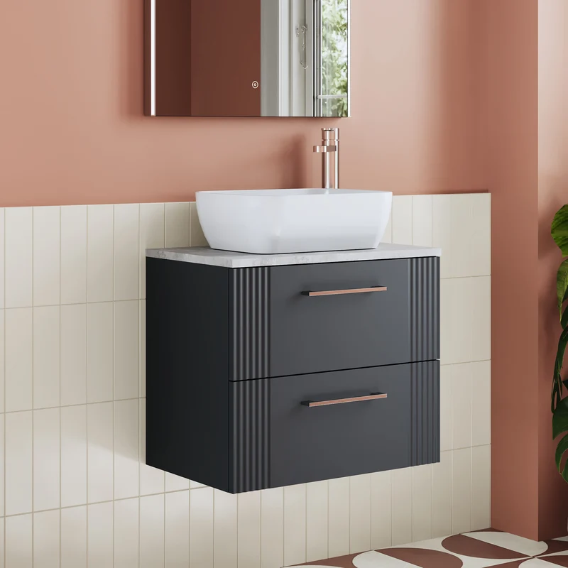 Deco 600mm Wall Hung 2 Drawer Vanity Unit & Bellato Grey Laminate Worktop - Soft Black Satin