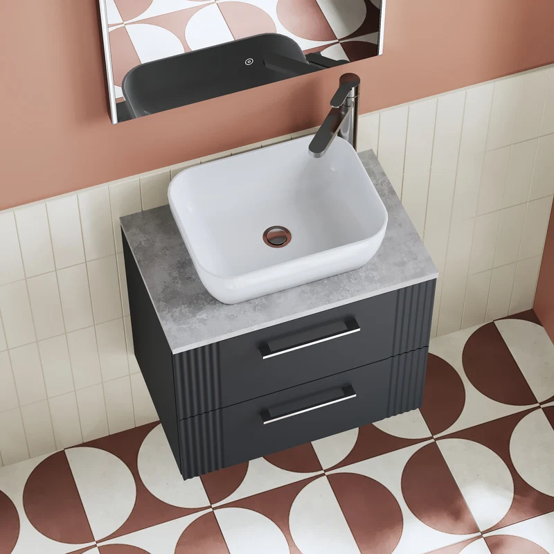 Deco 600mm Wall Hung 2 Drawer Vanity Unit & Bellato Grey Laminate Worktop - Soft Black Satin