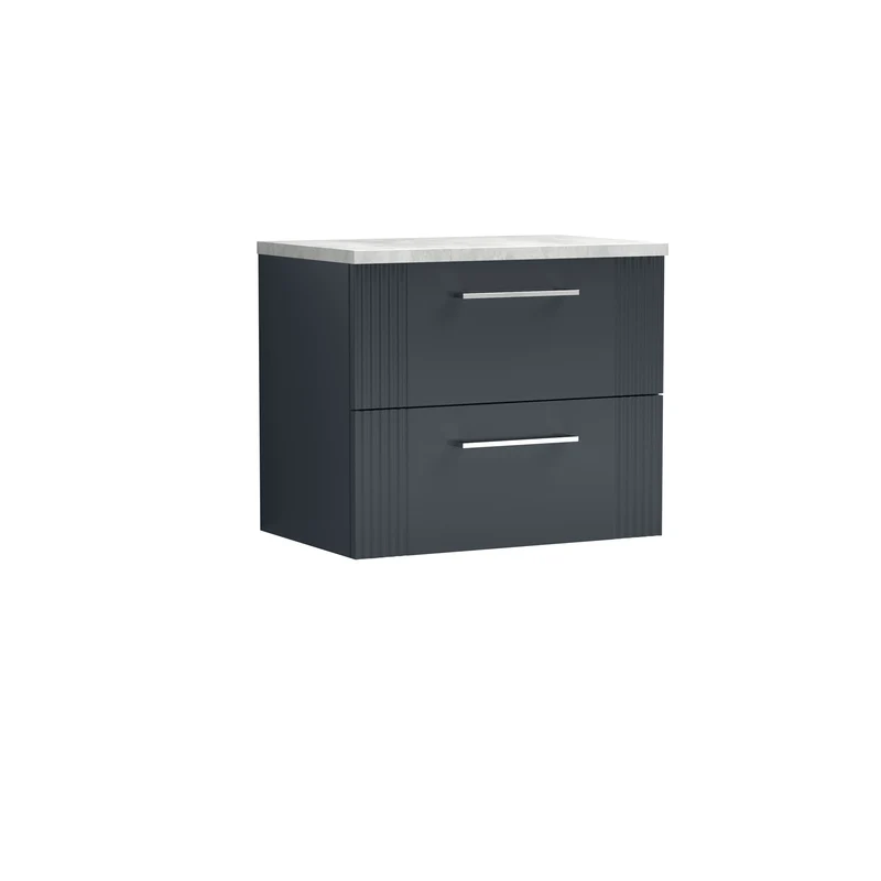 Deco 600mm Wall Hung 2 Drawer Vanity Unit & Bellato Grey Laminate Worktop - Soft Black Satin
