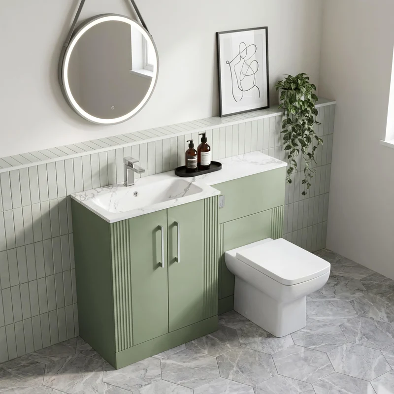 Deco 1100mm Basin & WC Combination Unit With Marble Stone Basin Left Hand - Green Satin