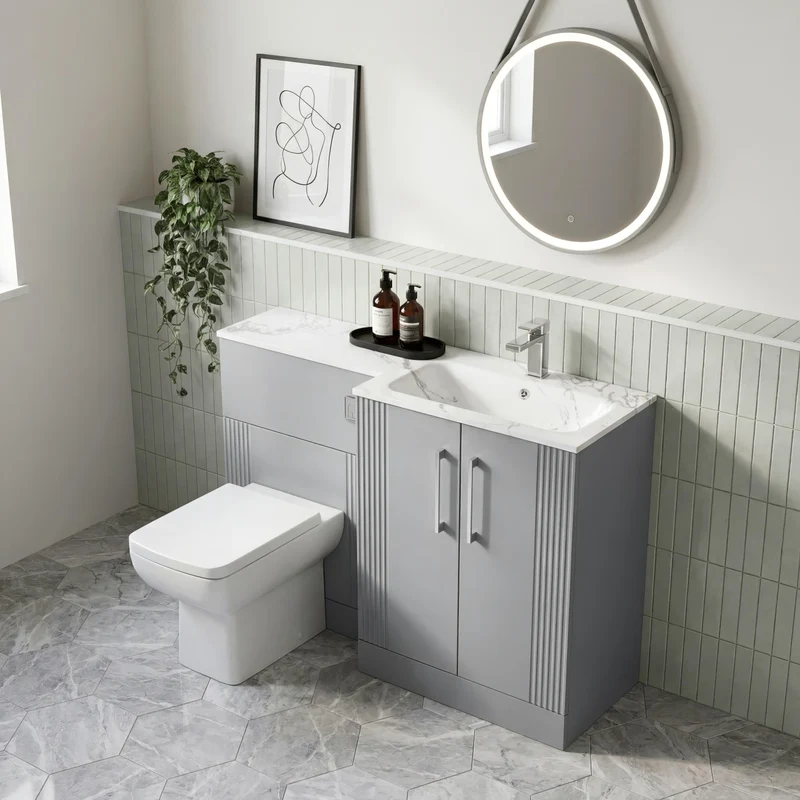 Deco 1100mm Basin & WC Combination Unit With Marble Stone Basin Right Hand - Grey Satin