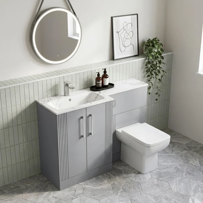 Deco 1100mm Basin & WC Combination Unit With Marble Stone Basin Left Hand - Grey Satin