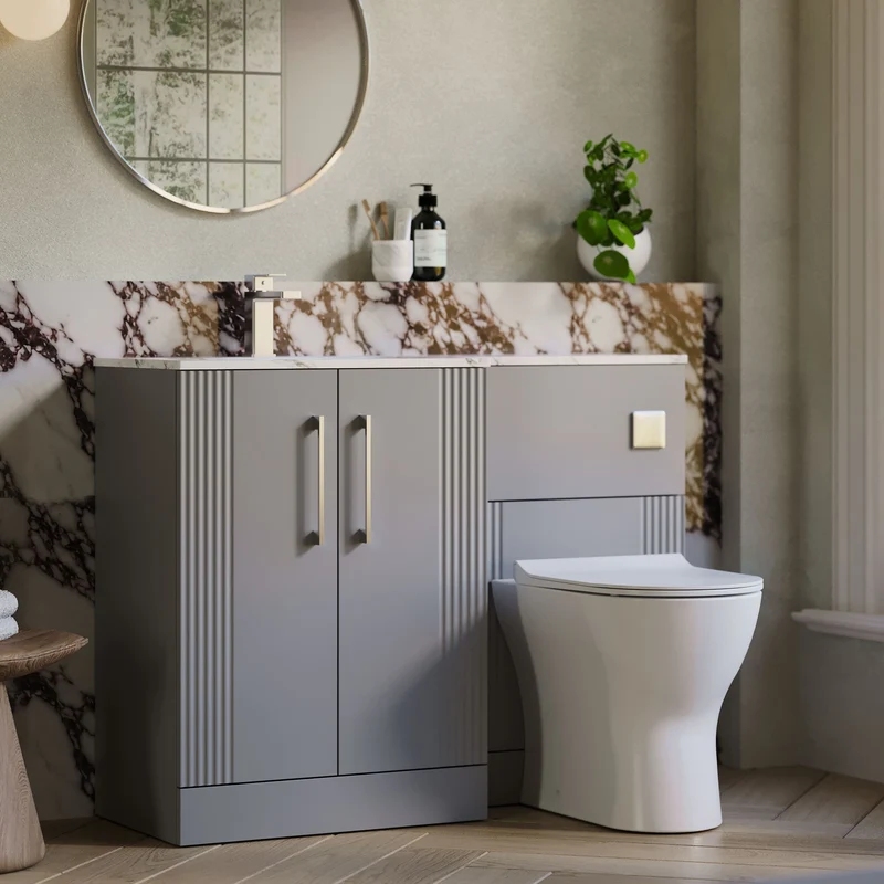 Deco 1100mm Basin & WC Combination Unit With Marble Stone Basin Left Hand - Grey Satin