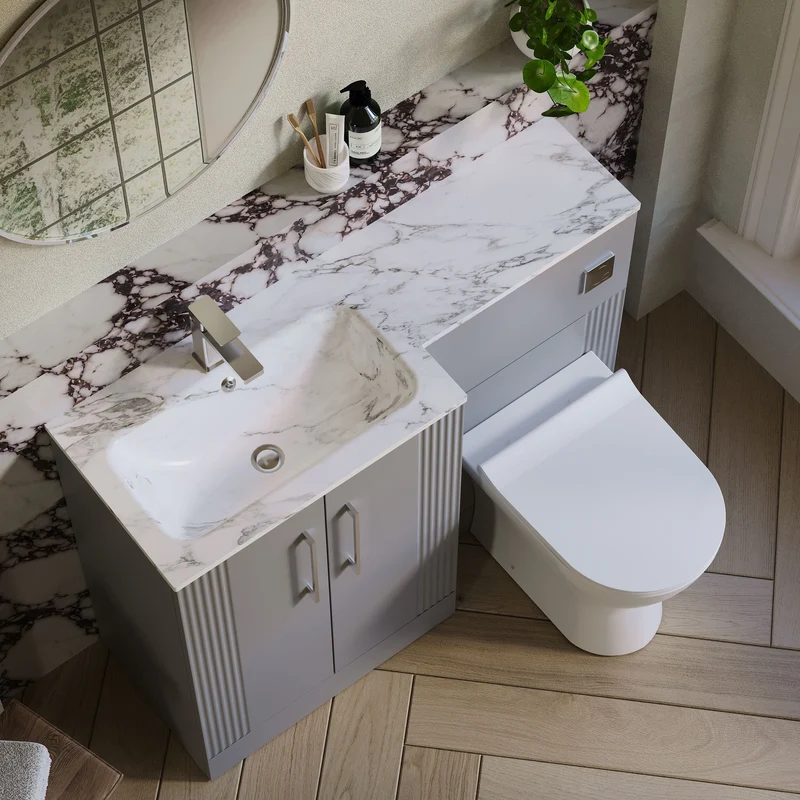 Deco 1100mm Basin & WC Combination Unit With Marble Stone Basin Left Hand - Grey Satin