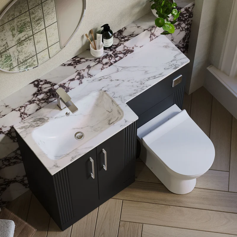Deco 1100mm Basin & WC Combination Unit With Marble Stone Basin Left Hand - Soft Black Satin