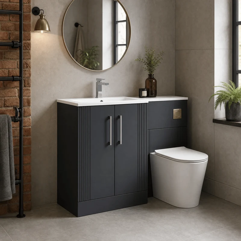 Deco 1100mm Basin & WC Combination Unit With White Stone Basin Left Hand - Soft Black Satin