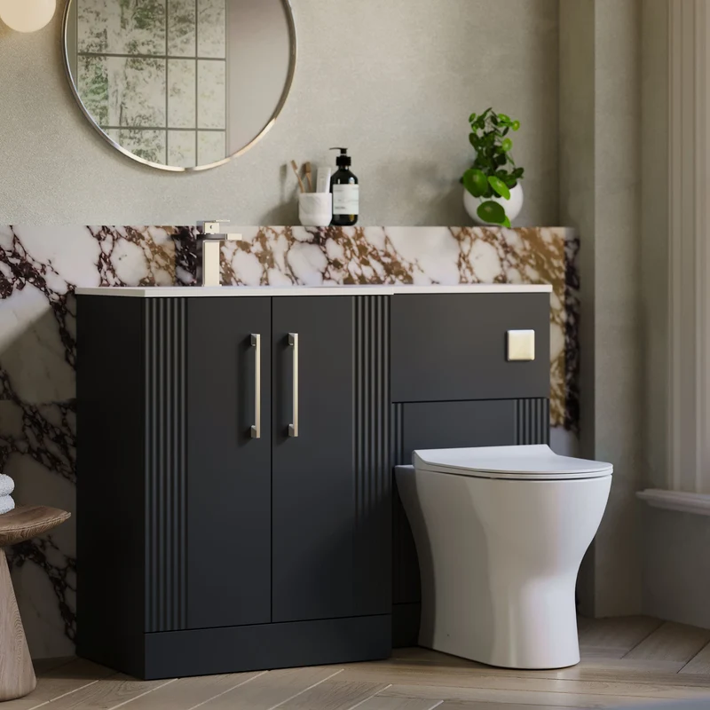 Deco 1100mm Basin & WC Combination Unit With White Stone Basin Left Hand - Soft Black Satin