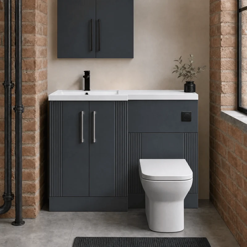 Deco 1100mm Basin & WC Combination Unit With White Polymarble Basin Left Hand - Soft Black Satin