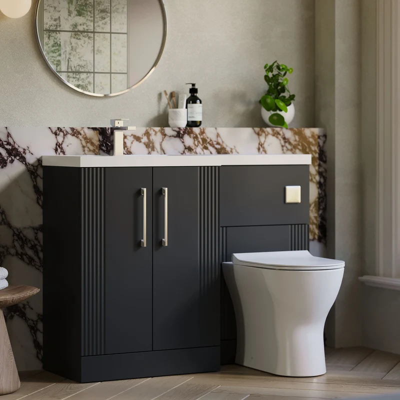 Deco 1100mm Basin & WC Combination Unit With White Polymarble Basin Left Hand - Soft Black Satin
