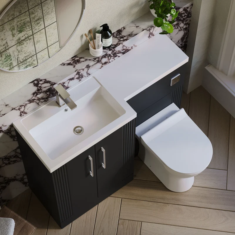 Deco 1100mm Basin & WC Combination Unit With White Polymarble Basin Left Hand - Soft Black Satin