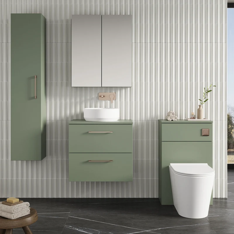 Lana 600mm Wall Hung 2 Drawer Vanity Unit & Worktop - Green Satin