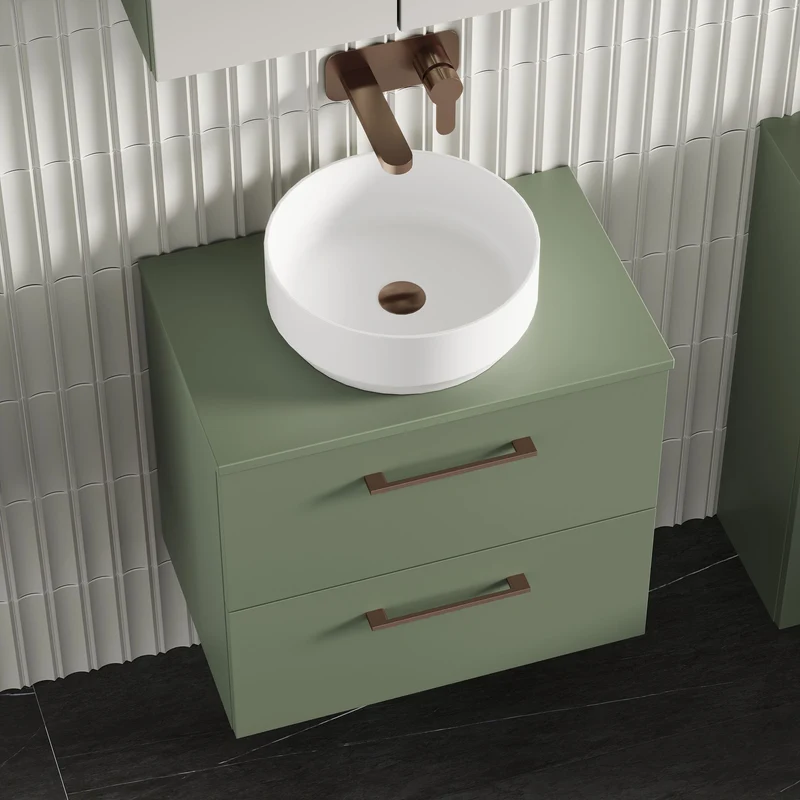 Lana 600mm Wall Hung 2 Drawer Vanity Unit & Worktop - Green Satin