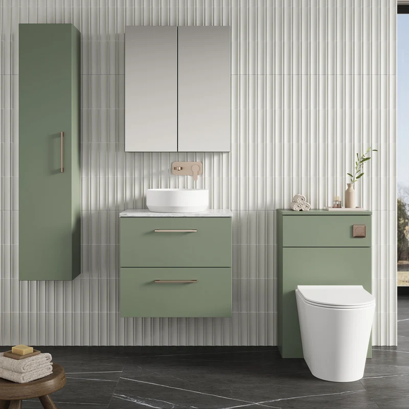 Lana 600mm Wall Hung 2 Drawer Vanity Unit & Carrera Marble Laminate Worktop - Green Satin