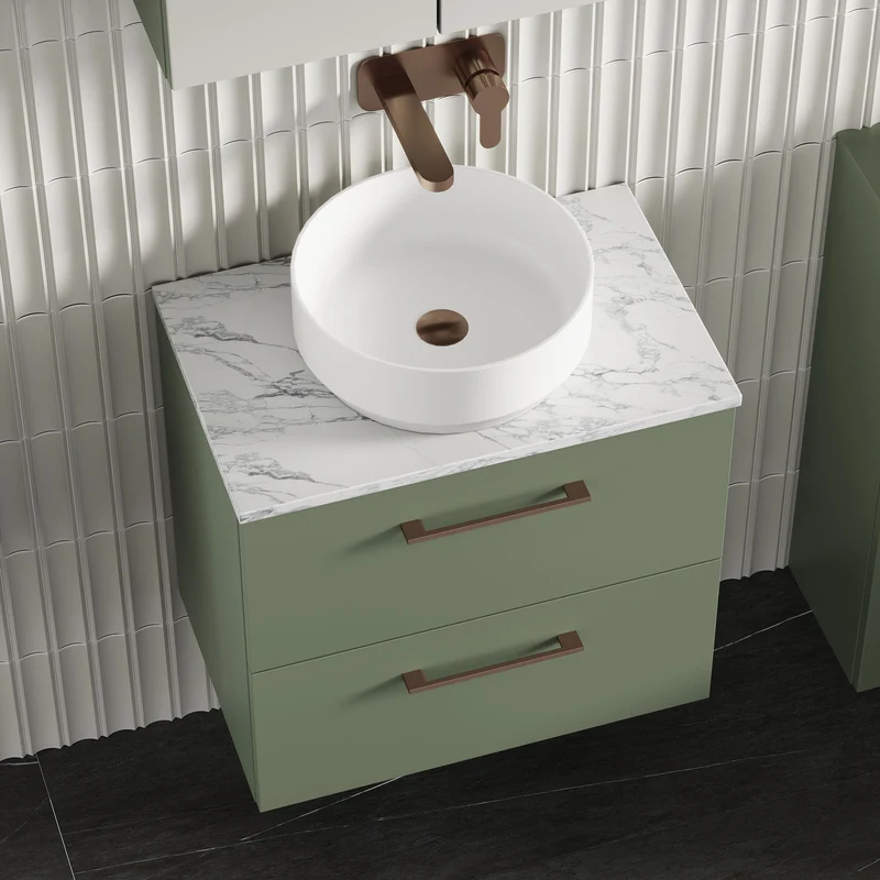 Lana 600mm Wall Hung 2 Drawer Vanity Unit & Carrera Marble Laminate Worktop - Green Satin