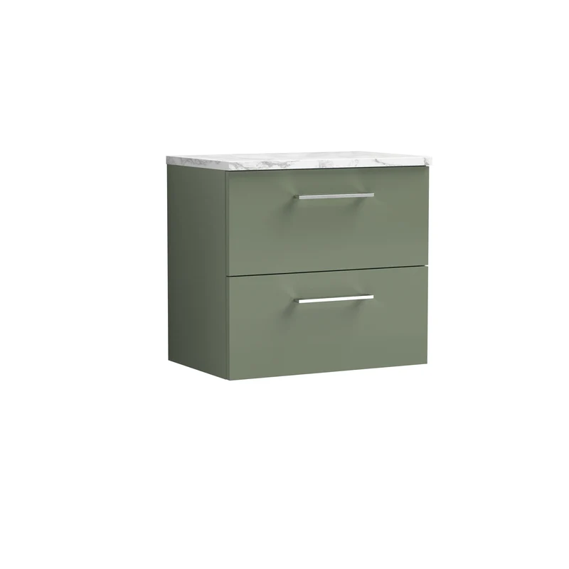 Lana 600mm Wall Hung 2 Drawer Vanity Unit & Carrera Marble Laminate Worktop - Green Satin