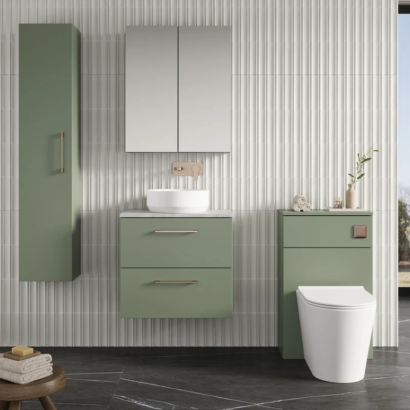 Lana 600mm Wall Hung 2 Drawer Vanity Unit & Bellato Grey Laminate Worktop - Green Satin