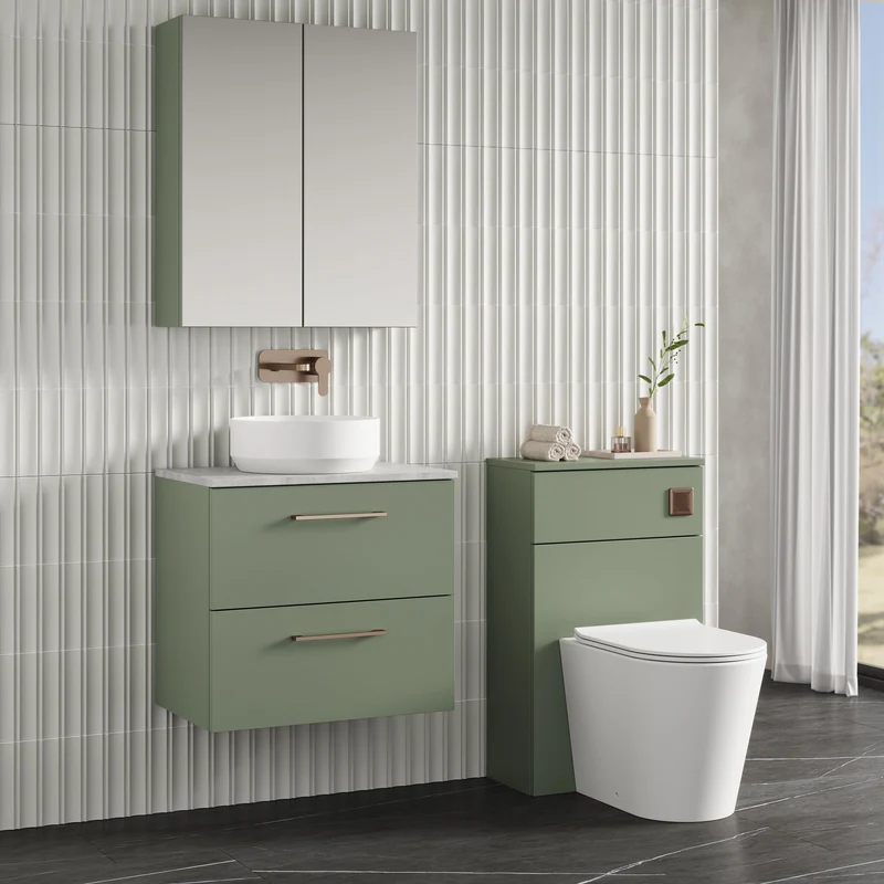 Lana 600mm Wall Hung 2 Drawer Vanity Unit & Bellato Grey Laminate Worktop - Green Satin