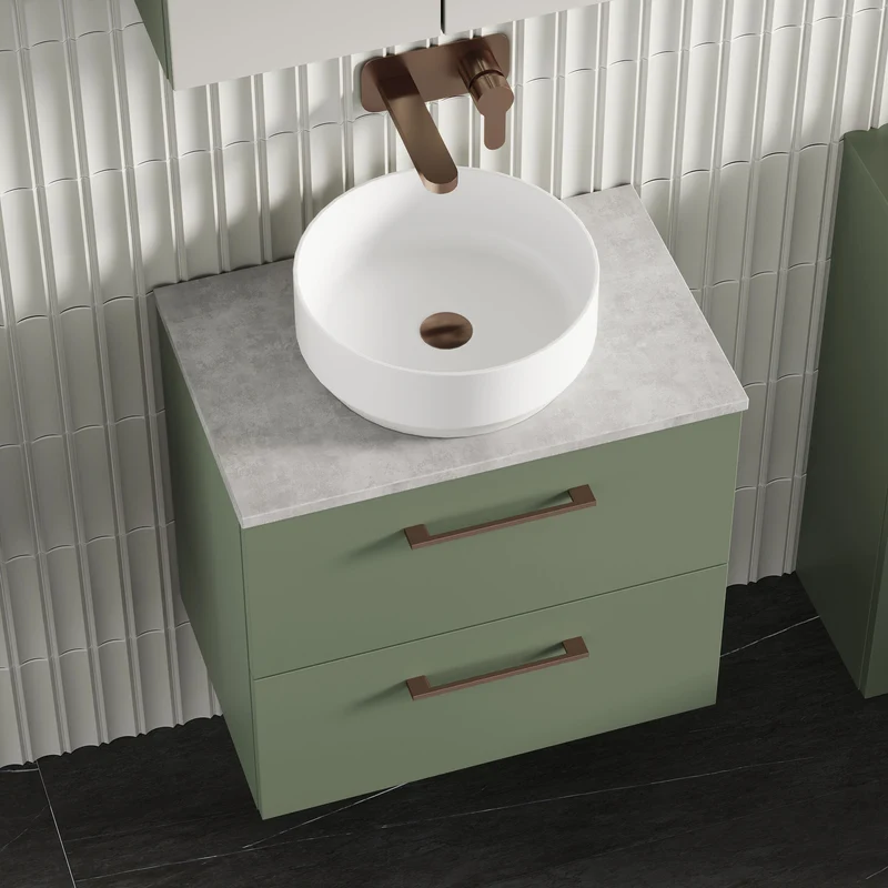 Lana 600mm Wall Hung 2 Drawer Vanity Unit & Bellato Grey Laminate Worktop - Green Satin