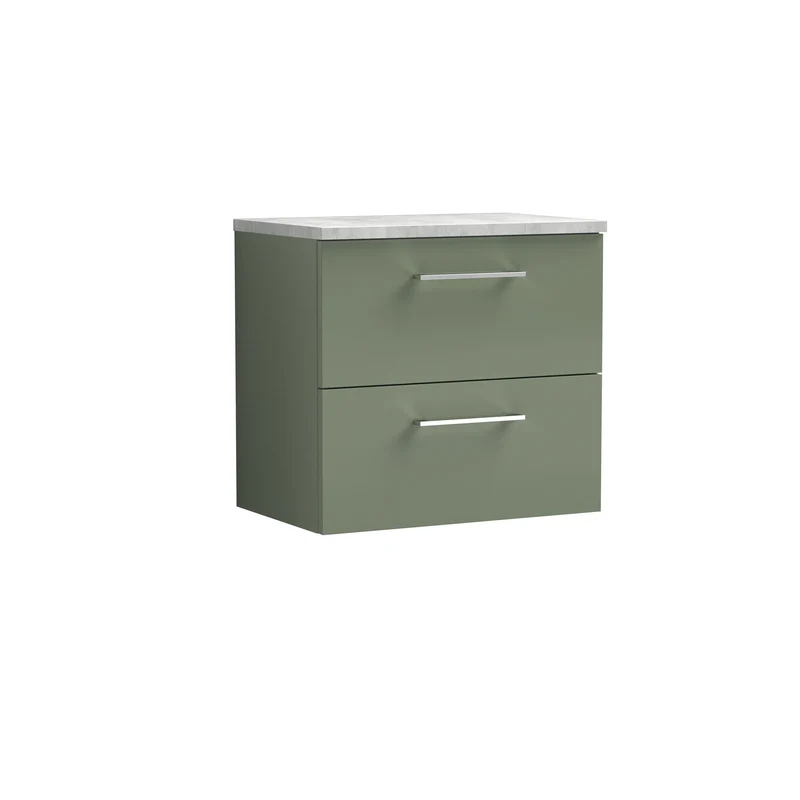 Lana 600mm Wall Hung 2 Drawer Vanity Unit & Bellato Grey Laminate Worktop - Green Satin