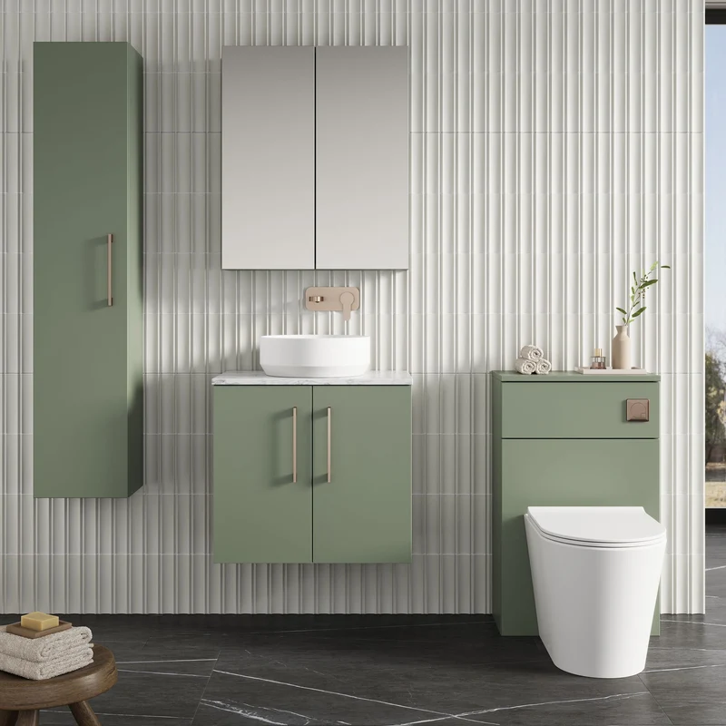 Lana 600mm Wall Hung 2 Door Vanity Unit & Carrera Marble Laminate Worktop - Green Satin