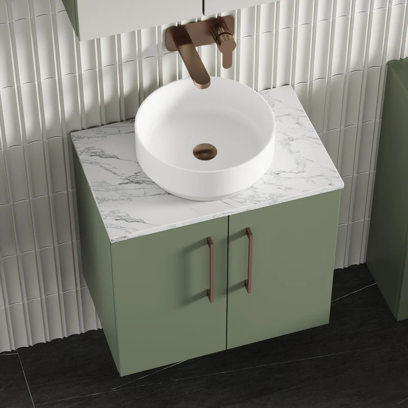 Lana 600mm Wall Hung 2 Door Vanity Unit & Carrera Marble Laminate Worktop - Green Satin