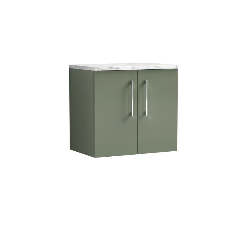 Lana 600mm Wall Hung 2 Door Vanity Unit & Carrera Marble Laminate Worktop - Green Satin