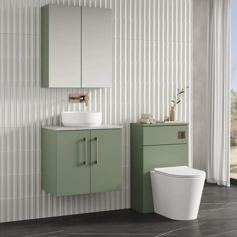 Lana 600mm Wall Hung 2 Door Vanity Unit & Bellato Grey Laminate Worktop - Green Satin