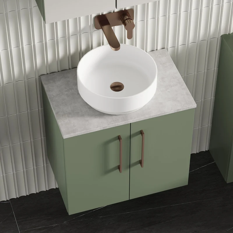 Lana 600mm Wall Hung 2 Door Vanity Unit & Bellato Grey Laminate Worktop - Green Satin