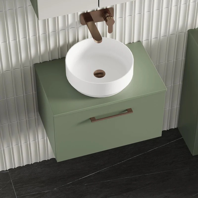 Lana 600mm Wall Hung 1 Drawer Vanity Unit & Worktop - Green Satin