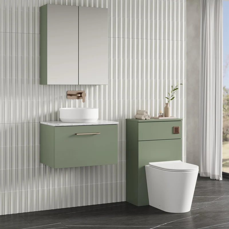 Lana 600mm Wall Hung 1 Drawer Vanity Unit & Carrera Marble Laminate Worktop - Green Satin
