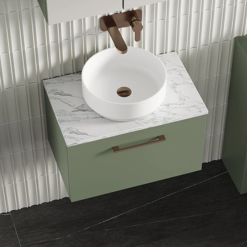 Lana 600mm Wall Hung 1 Drawer Vanity Unit & Carrera Marble Laminate Worktop - Green Satin