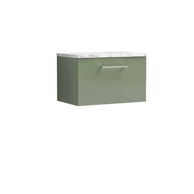 Lana 600mm Wall Hung 1 Drawer Vanity Unit & Carrera Marble Laminate Worktop - Green Satin