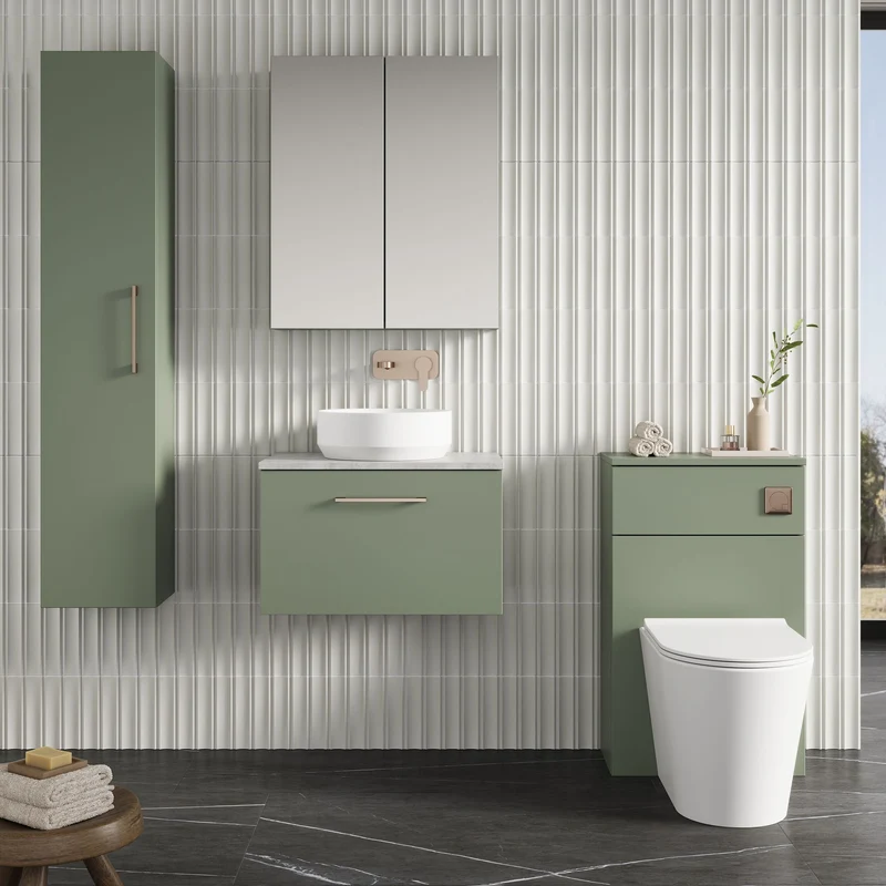 Lana 600mm Wall Hung 1 Drawer Vanity Unit & Bellato Grey Laminate Worktop - Green Satin