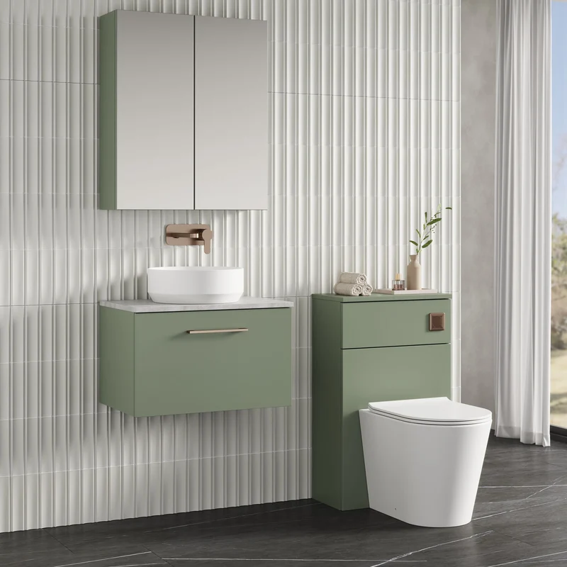 Lana 600mm Wall Hung 1 Drawer Vanity Unit & Bellato Grey Laminate Worktop - Green Satin