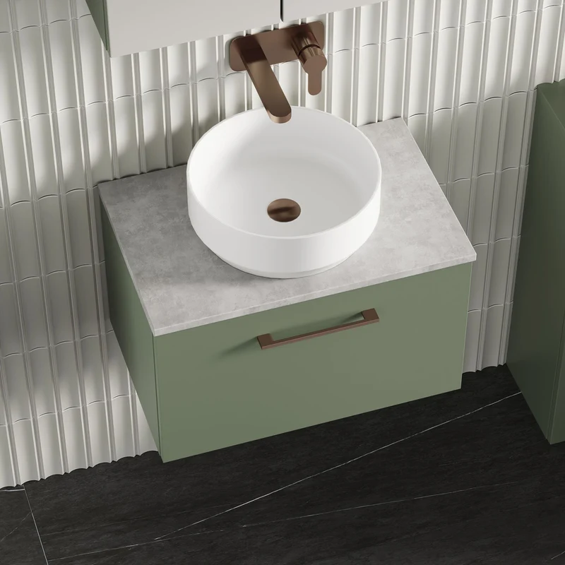 Lana 600mm Wall Hung 1 Drawer Vanity Unit & Bellato Grey Laminate Worktop - Green Satin