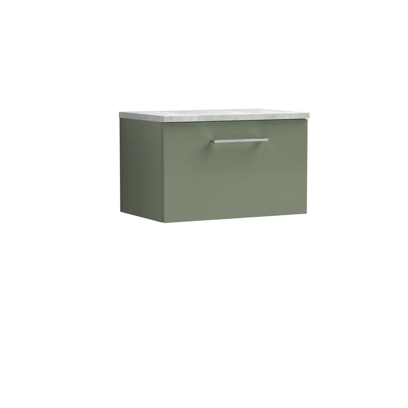 Lana 600mm Wall Hung 1 Drawer Vanity Unit & Bellato Grey Laminate Worktop - Green Satin