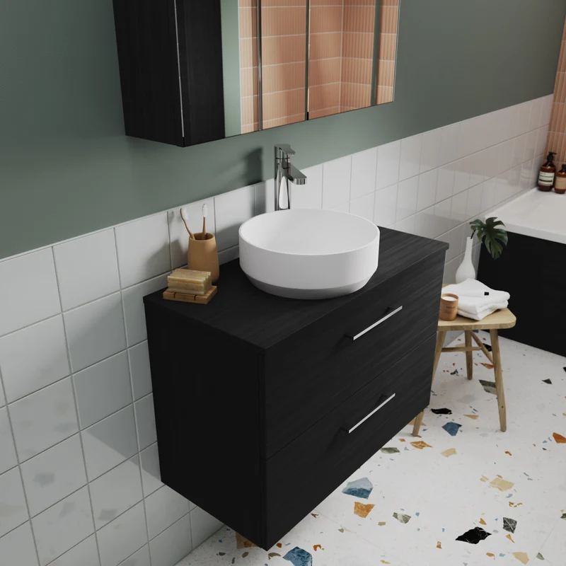 Lana 600mm Wall Hung 2 Drawer Vanity Unit & Worktop - Charcoal Black Woodgrain